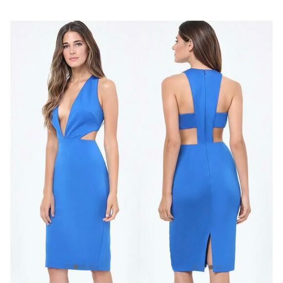 Bebe Fierce Deep V Plunge Side Cut Out Blue Ponte Dress Size S - Picture 1 of 12